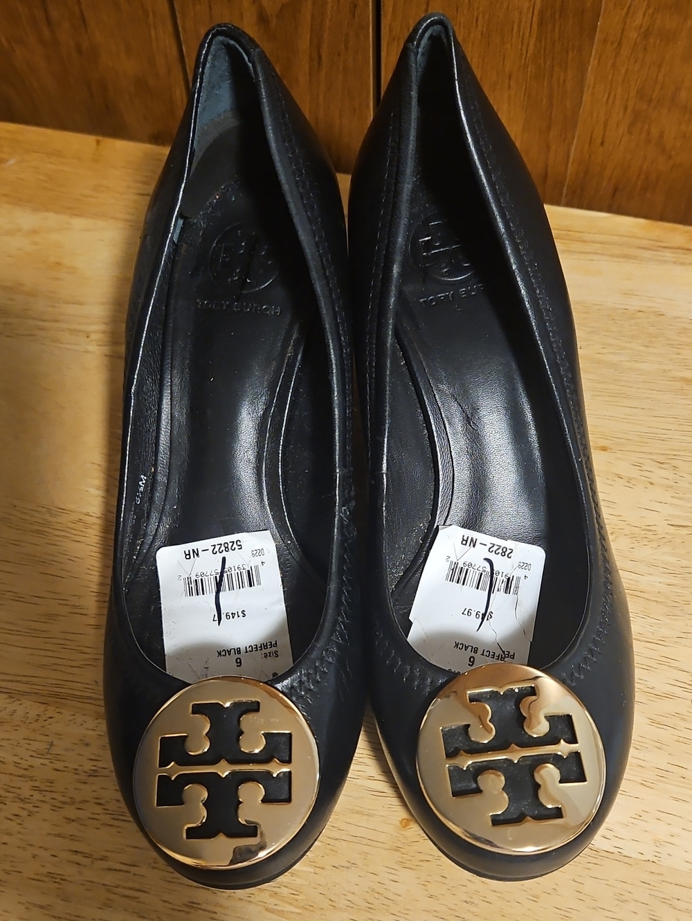 Tory Burch Black Leather Wedge Heel with Gold Logo Discs